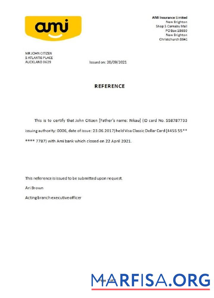 Printable New Zealand Ami bank closure reference example